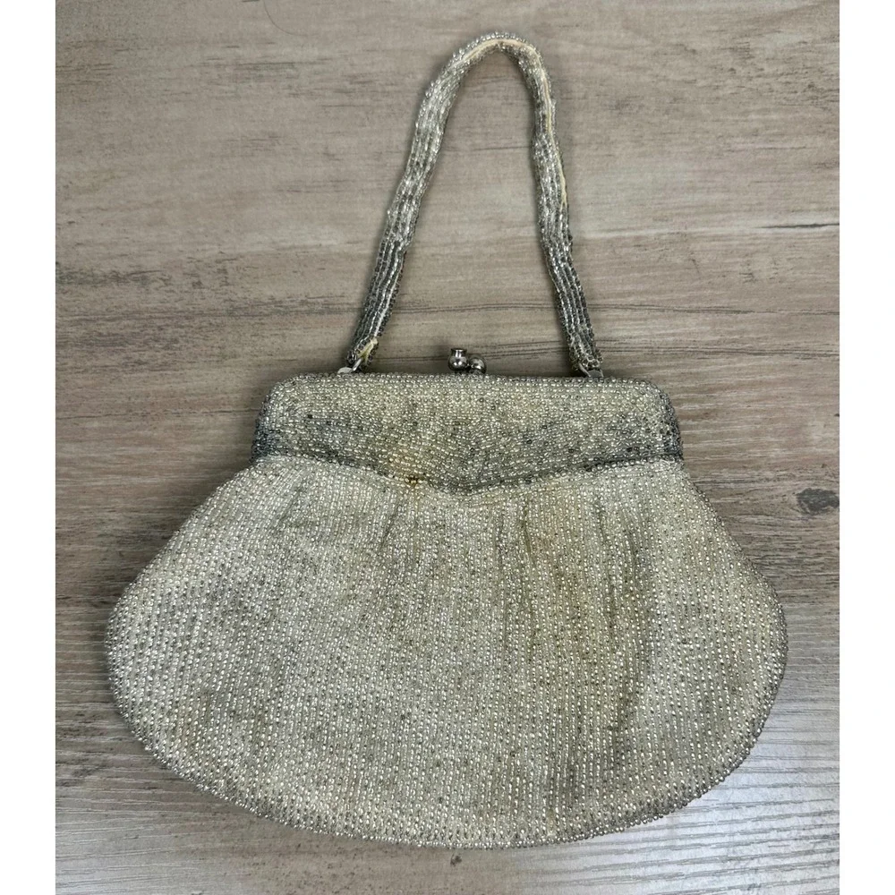 Vivant Sarne‎ Vintage Beaded Evening Wedding Bag Cream Grey Floral Made in Japan